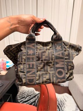 Fendi Olive-Brown FF Logo Canvas Tote with Logo Webbing Handles